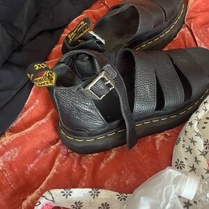 Dr. Martens Black Leather Fisherman Sandals with Yellow Stitching